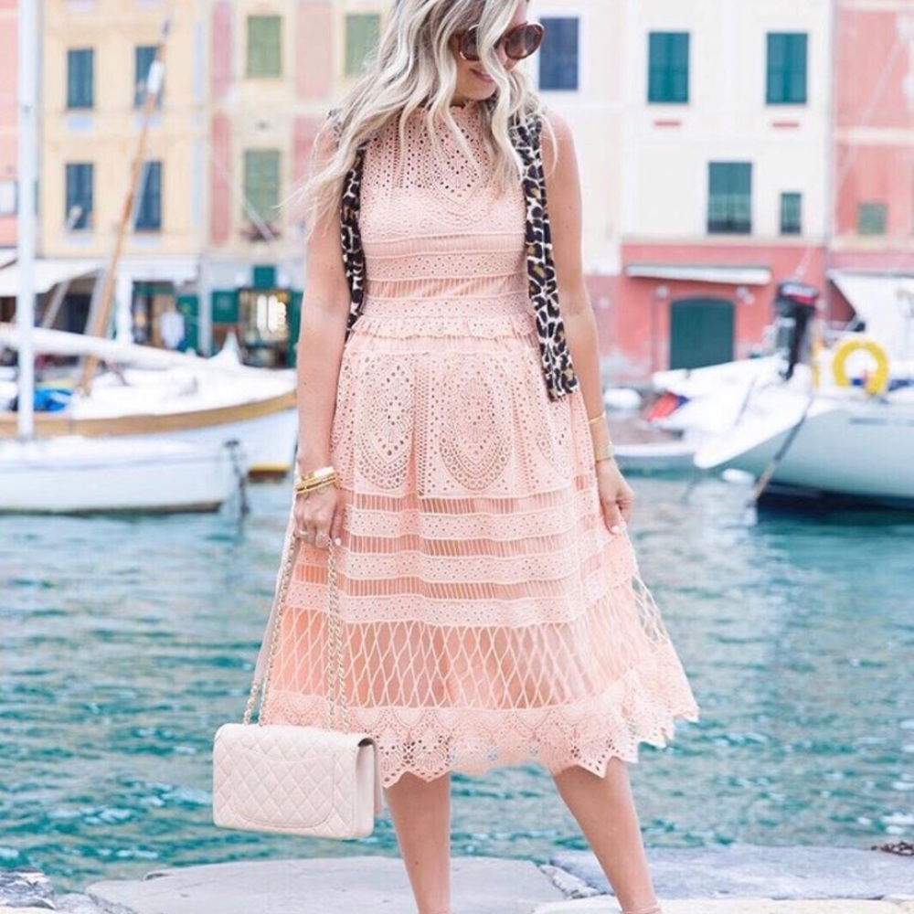 Peach crochet eyelet midi dress
